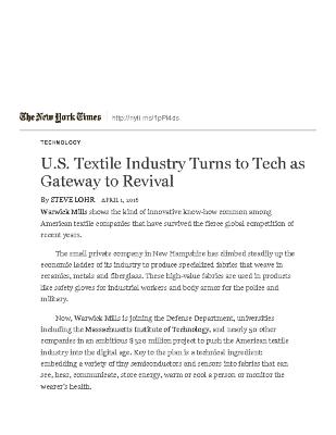 U.S. Textile Industry Turns to Tech as Gateway to Revival