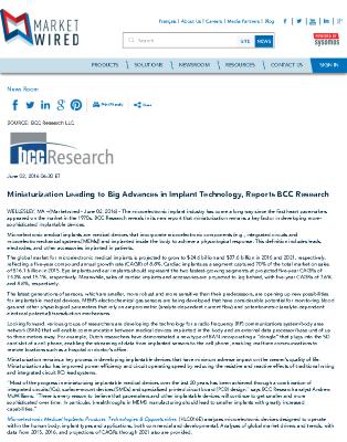 Miniaturization Leading to Big Advances in Implant Technology, Reports BCC Research