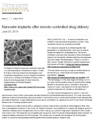 Nanowire implants offer remote-controlled drug delivery