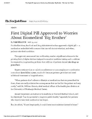 First Digital Pill Approved to Worries About Biomedical ‘Big Brother’