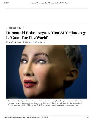 Humanoid Robot Argues That AI Technology Is 'Good For The World'