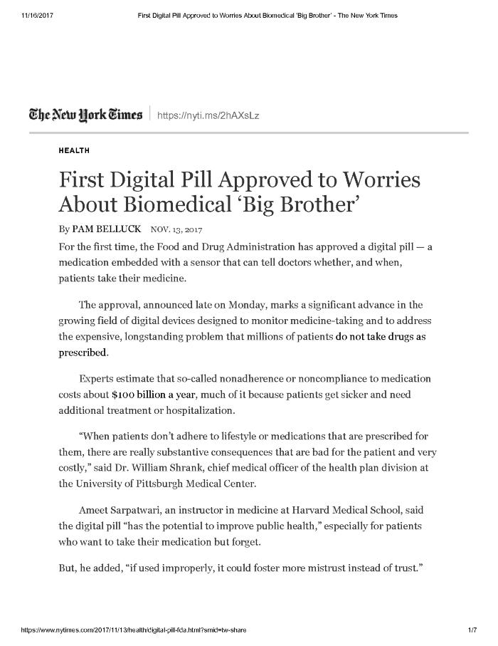 First Digital Pill Approved to Worries About Biomedical ‘Big Brother’