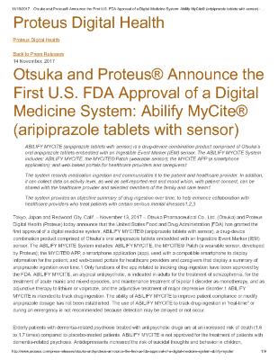 Otsuka and Proteus® Announce the First U.S. FDA Approval of a Digital Medicine System: Abilify MyCite® (aripiprazole tablets with sensor)