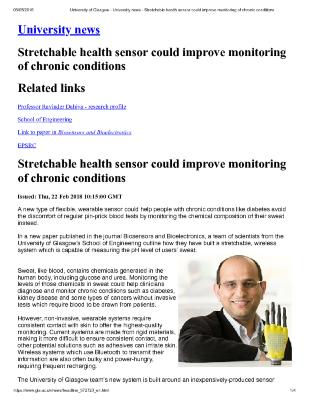 STRETCHABLE HEALTH SENSOR COULD IMPROVE MONITORING OF CHRONIC CONDITIONS