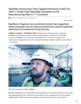 RealWear Announces That Colgate-Palmolive to Roll Out HMT-1 Hands-Free Wearable Computers to 20 Manufacturing Sites in 11 Countries
