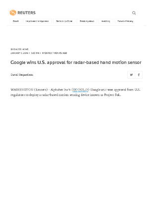 Google wins U.S. approval for radar-based hand motion sensor