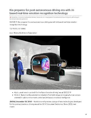 CES 2019: KIA PREPARES FOR POST-AUTONOMOUS DRIVING ERA WITH AI-BASED REAL-TIME EMOTION RECOGNITION TECHNOLOGY
