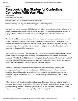 Facebook to Buy Startup for Controlling Computers With Your Mind