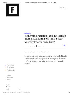 Elon Musk: Neuralink Will Do Human Brain Implant in “Less Than a Year”
