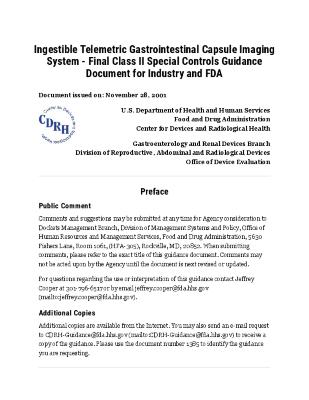 Ingestible Telemetric Gastrointestinal Capsule Imaging System - Final Class II Special Controls Guidance Document for Industry and FDA