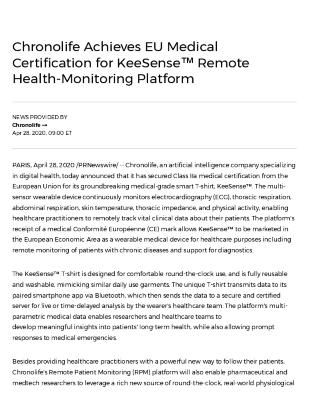 Chronolife Achieves EU Medical Certification for KeeSense™ Remote Health-Monitoring Platform
