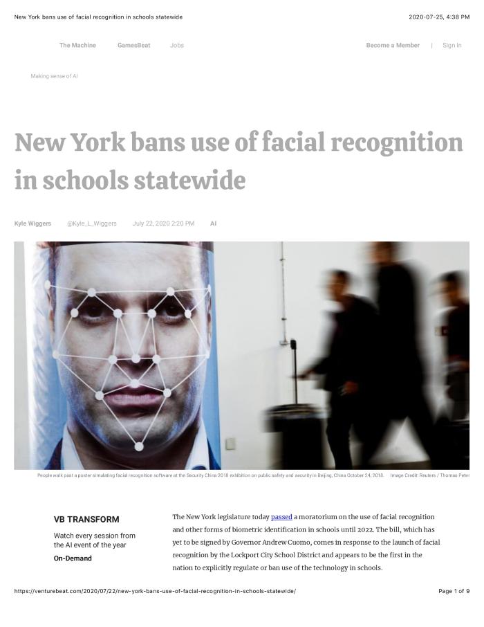 New York bans use of facial recognition in schools statewide