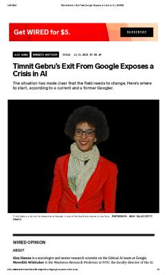 Timnit Gebru’s Exit From Google Exposes a Crisis in AI 