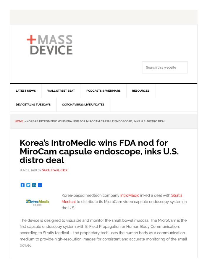 Korea’s IntroMedic wins FDA nod for MiroCam capsule endoscope, inks U.S. distro deal