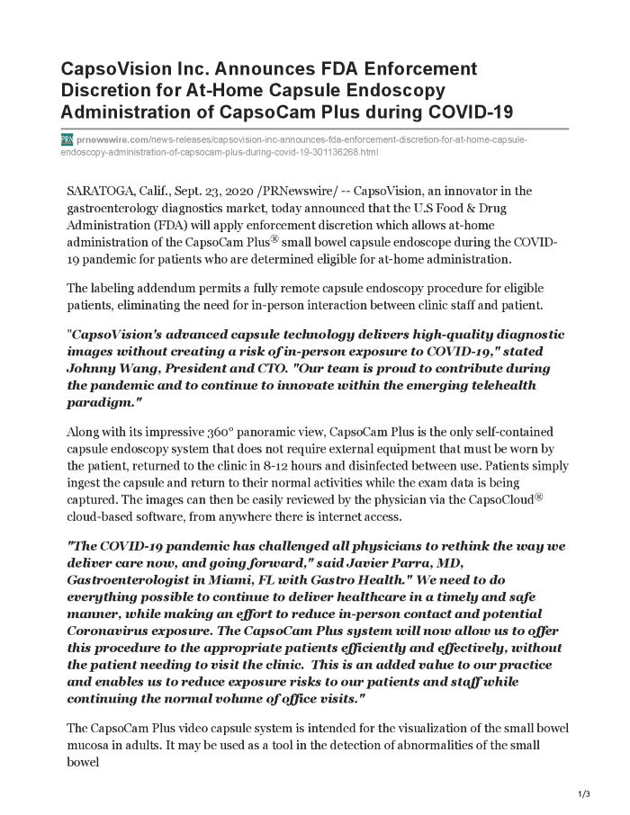 CapsoVision Inc. Announces FDA Enforcement Discretion for At-Home Capsule Endoscopy Administration of CapsoCam Plus during COVID-19