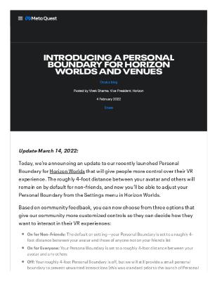 Introducing a Personal Boundary for Horizon Worlds  and Venues
