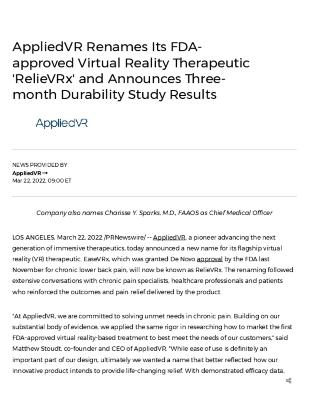 AppliedVR Renames Its FDA-approved Virtual Reality Therapeutic 'RelieVRx' and Announces Three-month Durability Study Results