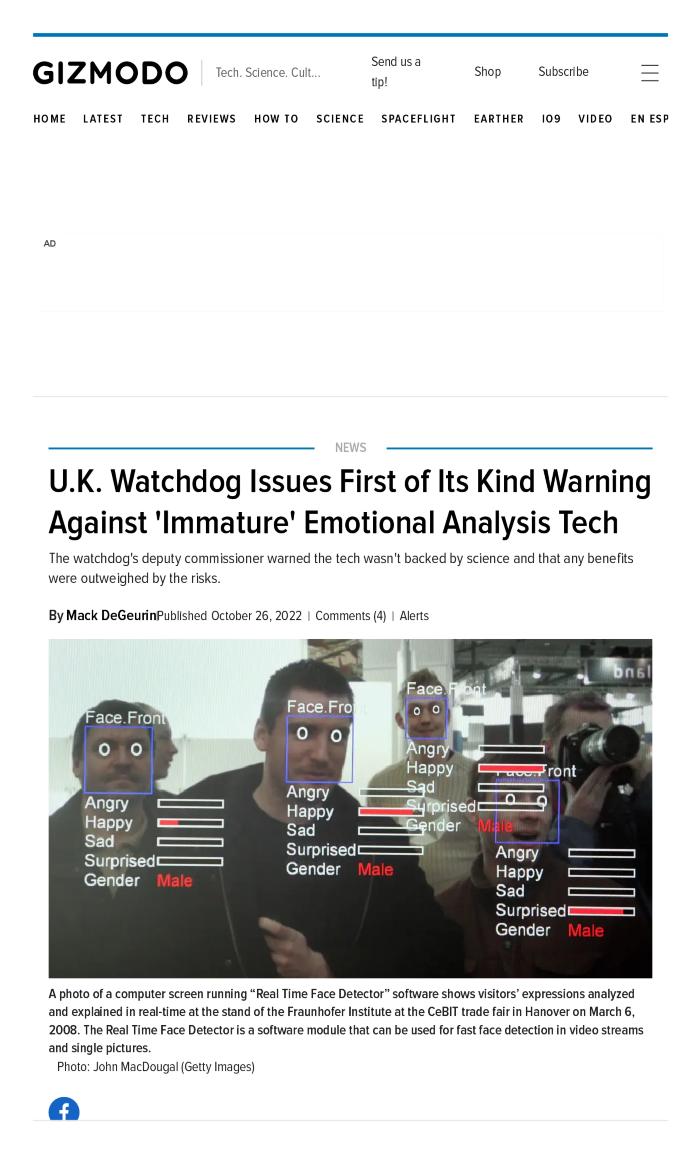 U.K. Watchdog Issues First of Its Kind Warning Against 'Immature' Emotional Analysis Tech