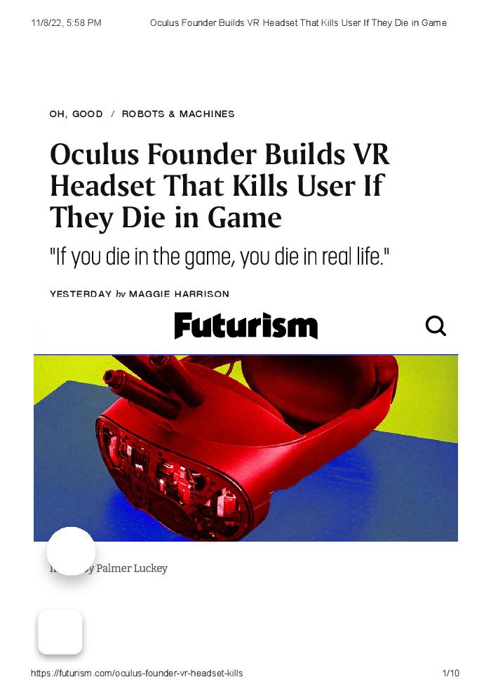 Oculus Founder Builds VR Headset That Kills User If They Die in Game