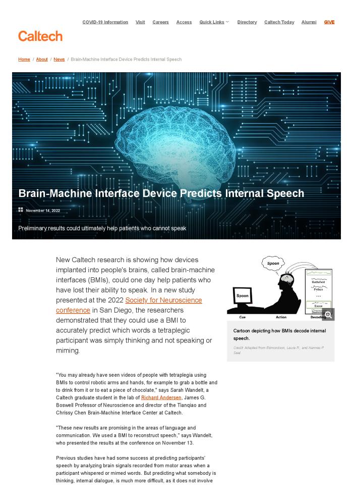 Brain-Machine Interface Device Predicts Internal Speech